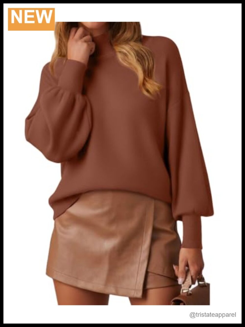 Mock Neck Pullover Sweater Long Lantern Sleeve Lightweight Knit